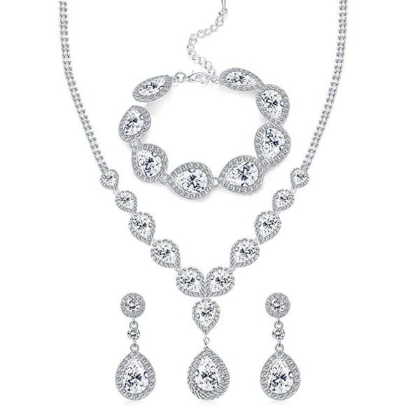 Diamond Crystal Necklace Set CZ Cubic Zircon Rhinestone Necklace Bracelet Earrin - Picture 6 of 7